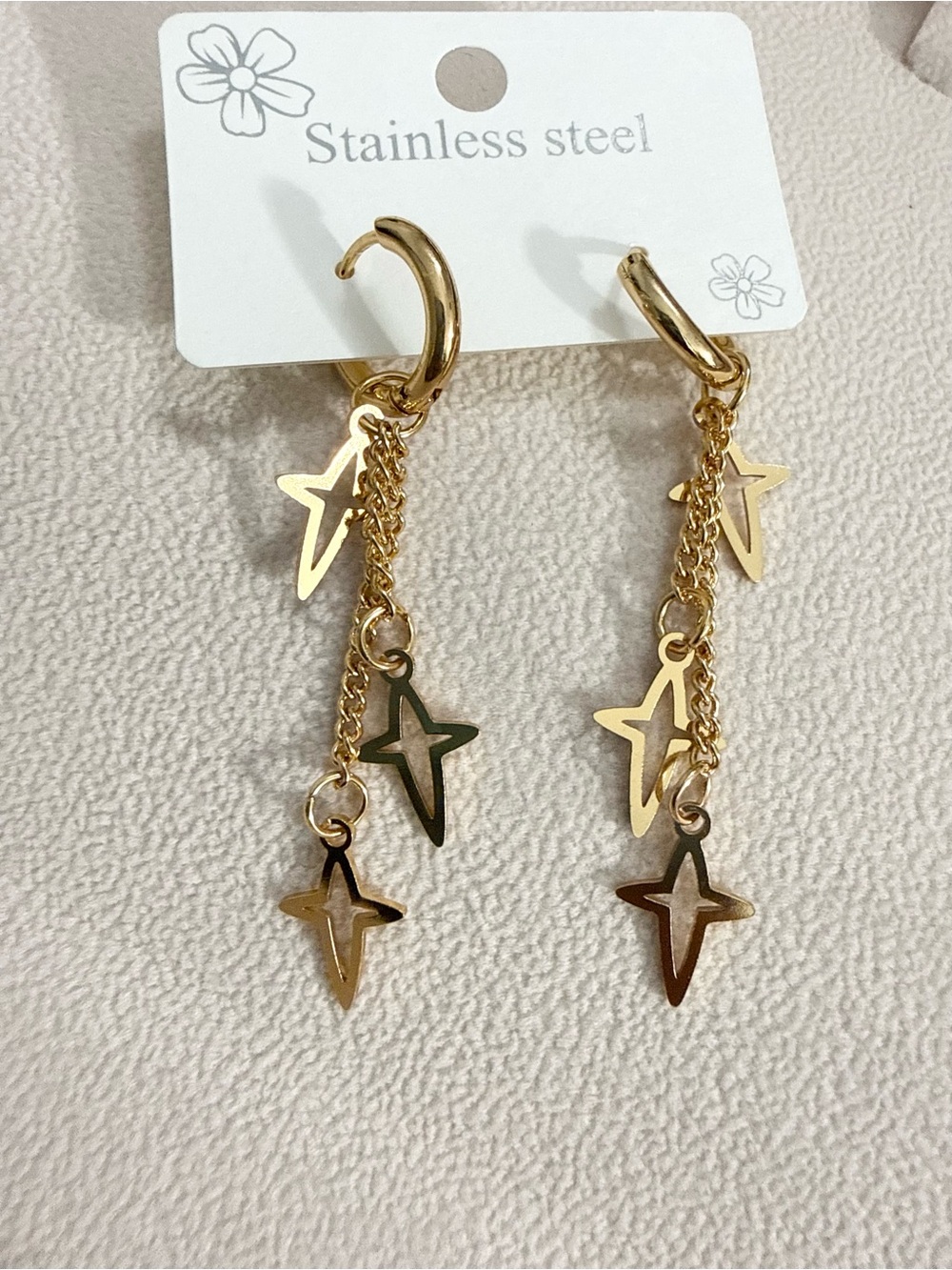 Gold Stainless Steel Star Dangle Hoop Earrings
